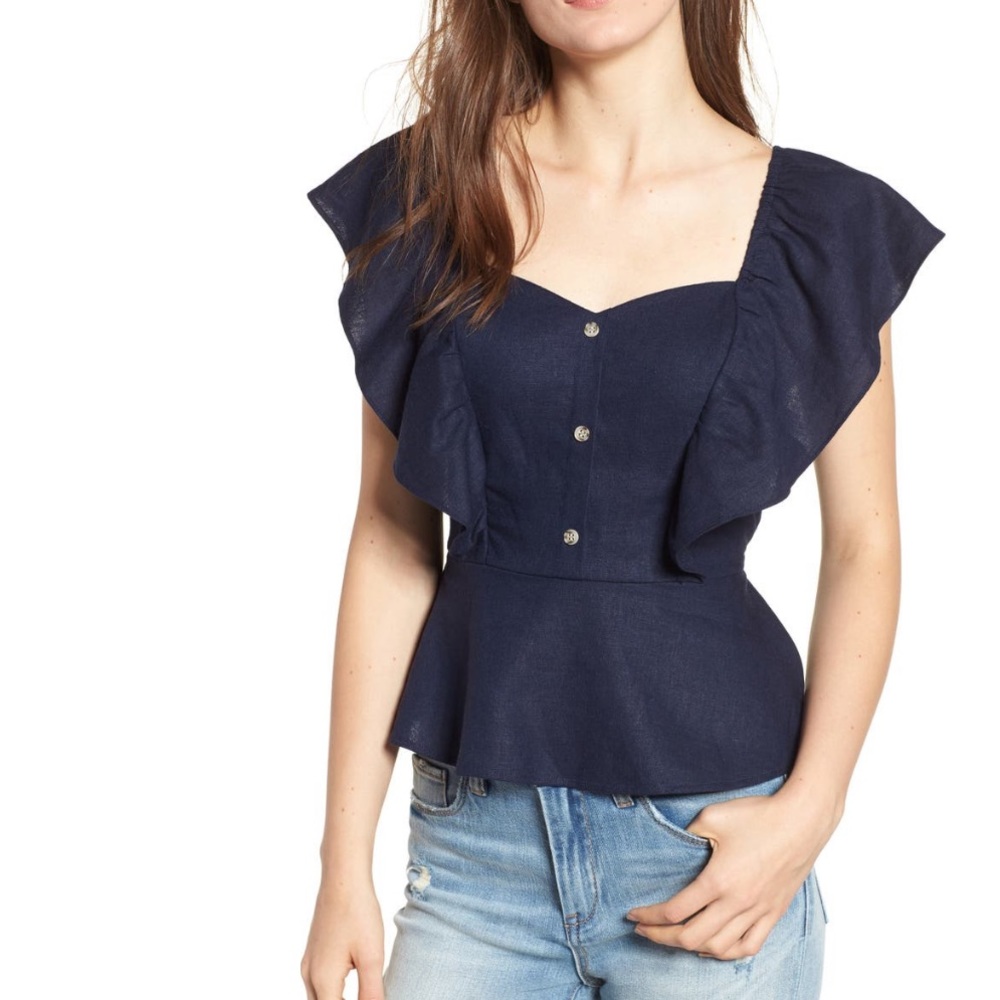 B.P Flutter Sleeve Peplum Linen Blend Top